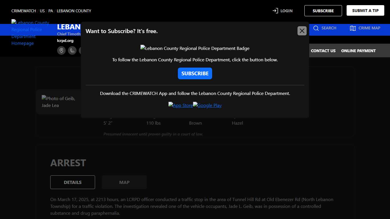 Geib, Jade Lea - & ( 1 count) 780-113(a)(16) Possession of a Controlled Substance (M) and 1 additional charge | Lebanon County Regional Police Department